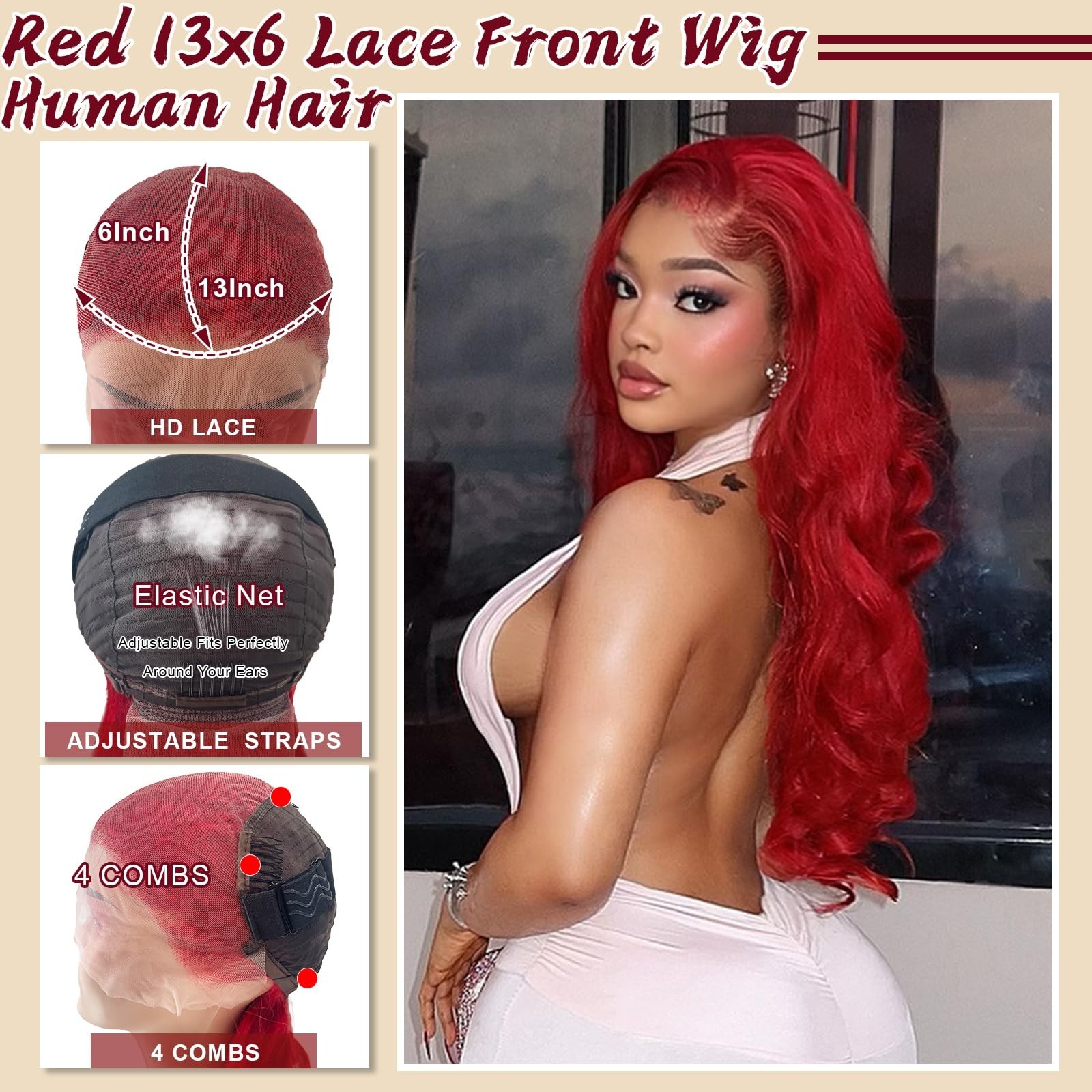 30″ 13×6 Body Wave Red Human Hair Wig – HD Lace Front, Pre-Plucked, 200 Density