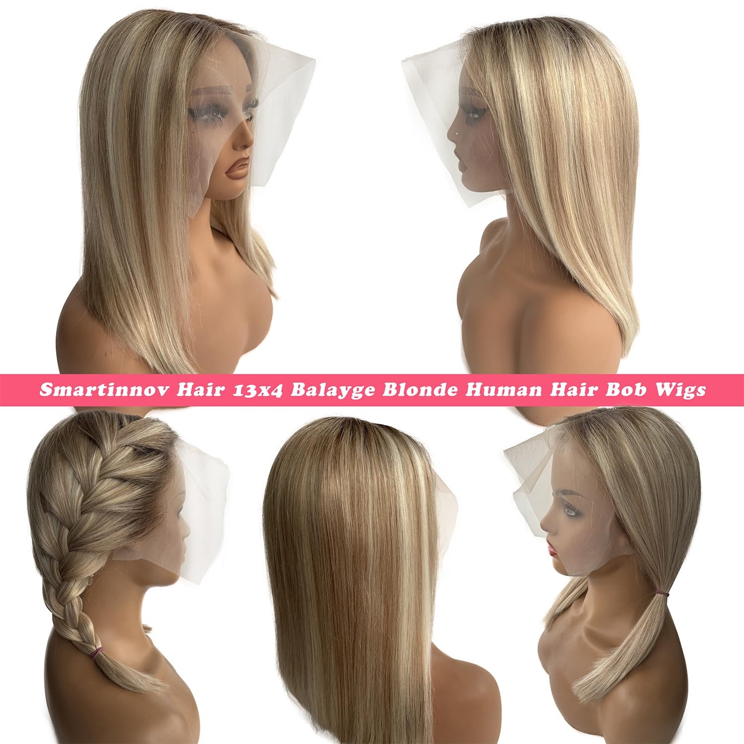 Smartinnov Ash Blonde Human Hair Bob Wigs 13X4 Glueless Ombre Highlight Wig 12