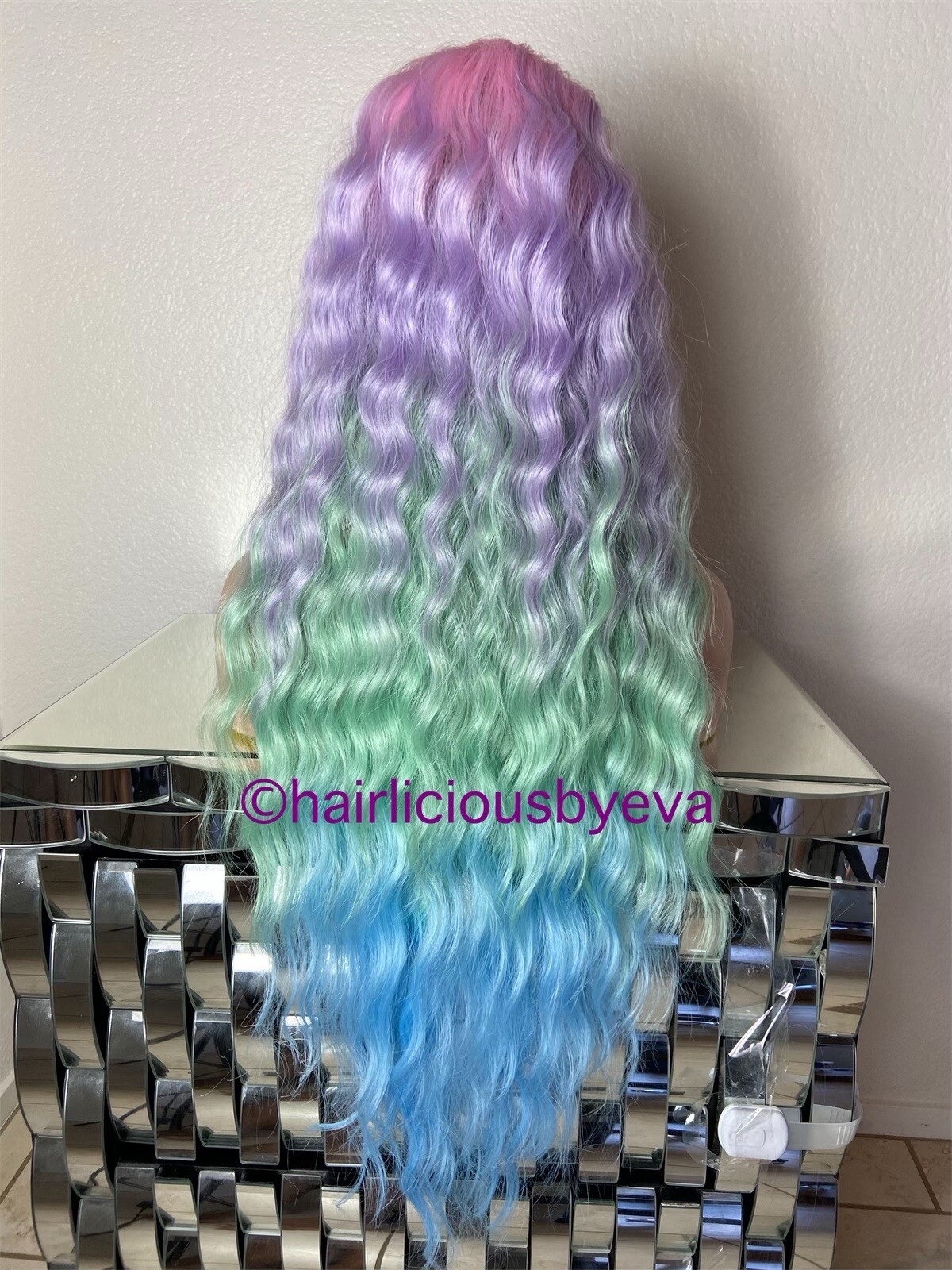 Pastel rainbow wig with bangs 24 inch long heat ok wavy