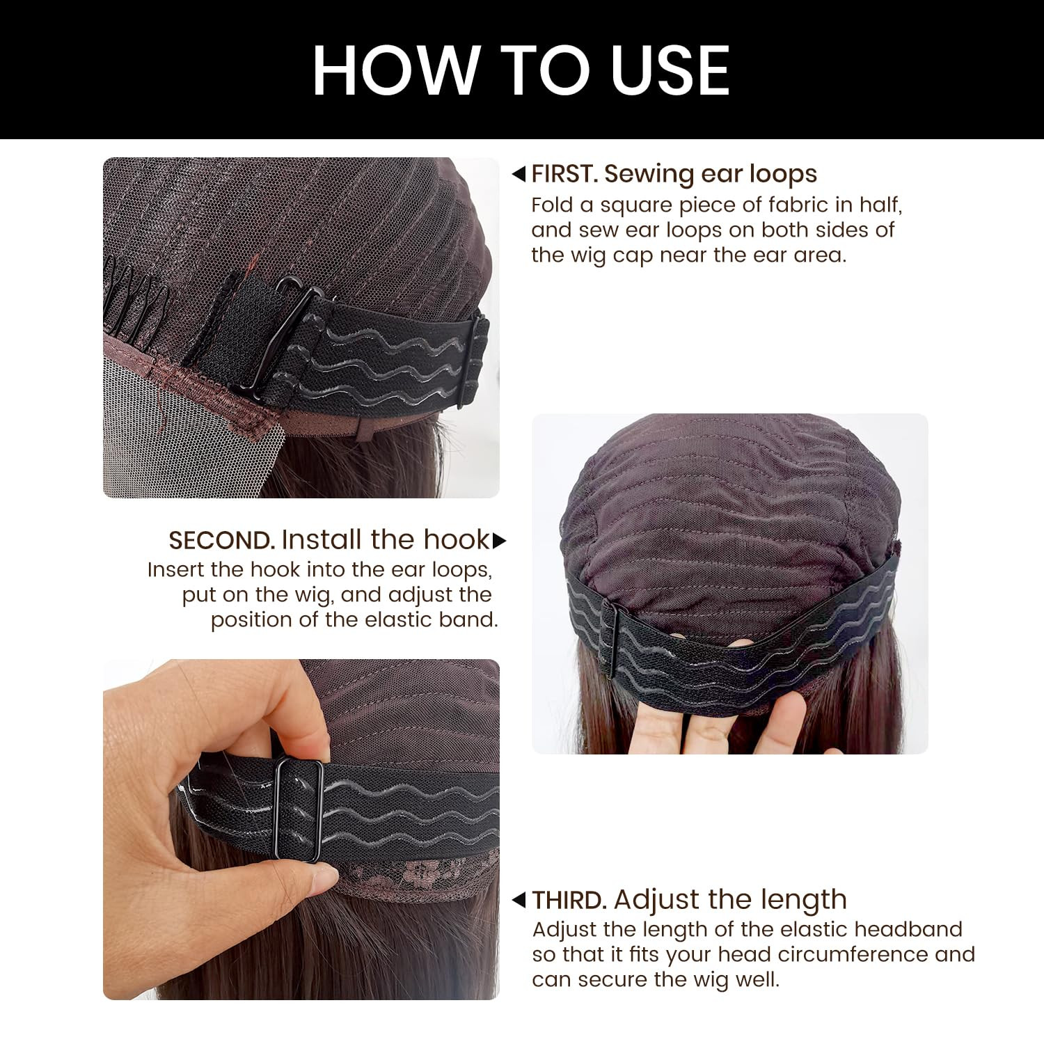 Adjustable Elastic Wig Band with Hooks No Slip Band for Glueless Wigs Black Lace
