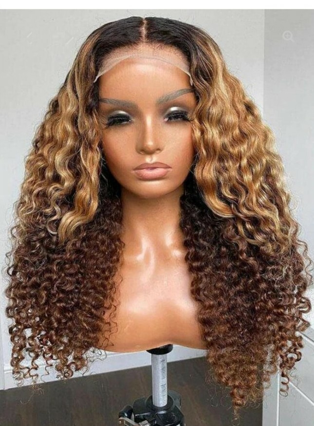 NEW Transparent Lace Ombre Color Deep Curly Lace Front 100% Human Hair. 24″ Wig.