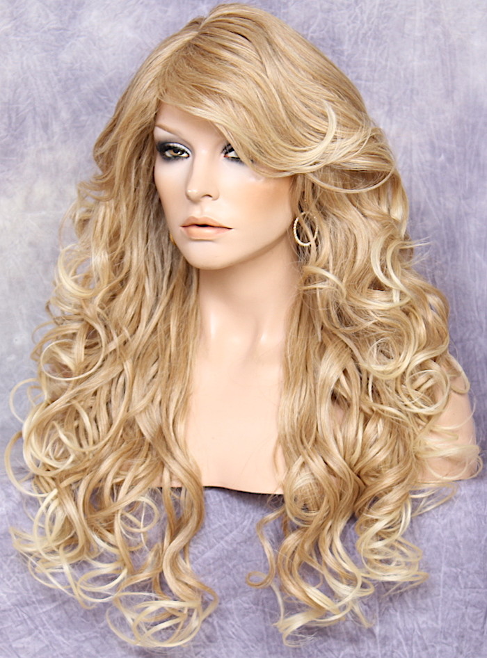 Long Curly Human Hair Blend Full Wig Heat OK Strawberry blonde mix 27-613 WBT