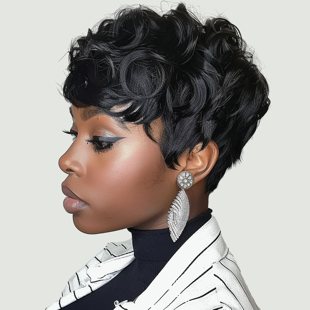 Natural Black Pixie Cut Wig for Black Women Synthetic Pixie Wigs Curly…