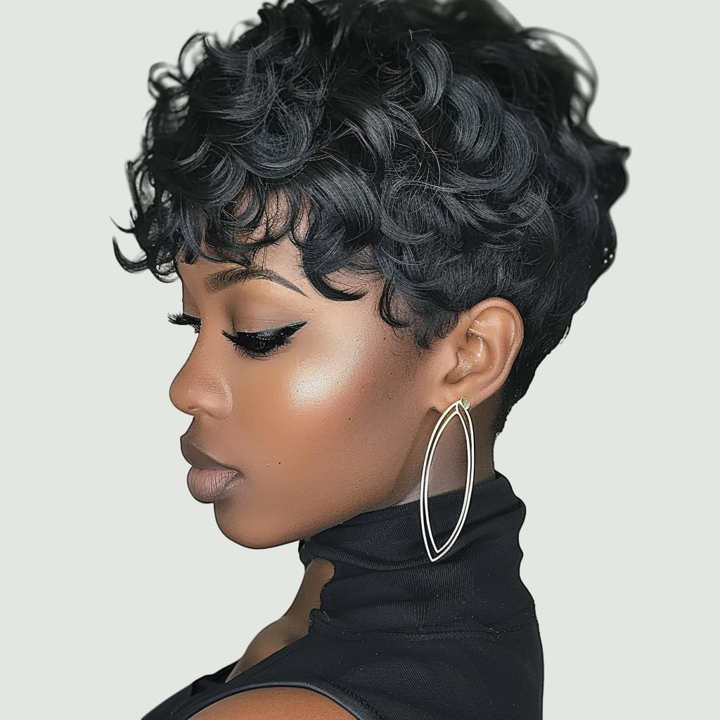 Natural Black Pixie Cut Wig for Black Women Synthetic Pixie Wigs Curly…