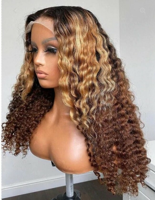 NEW Transparent Lace Ombre Color Deep Curly Lace Front 100% Human Hair. 24″ Wig.
