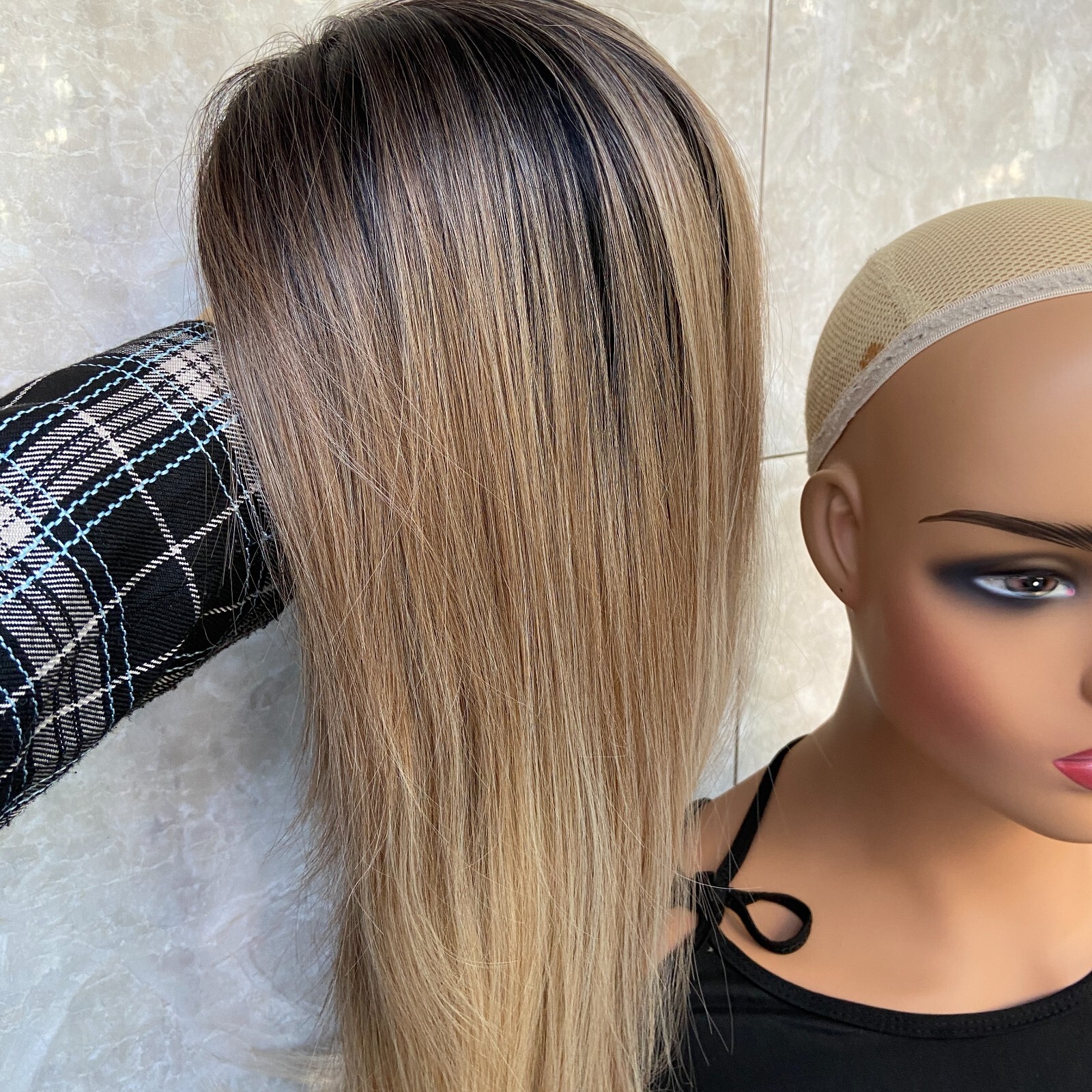 Long Straight Rooted Blonde Mix Lace Front Human Hair Blend Heat Ok Wigs Women