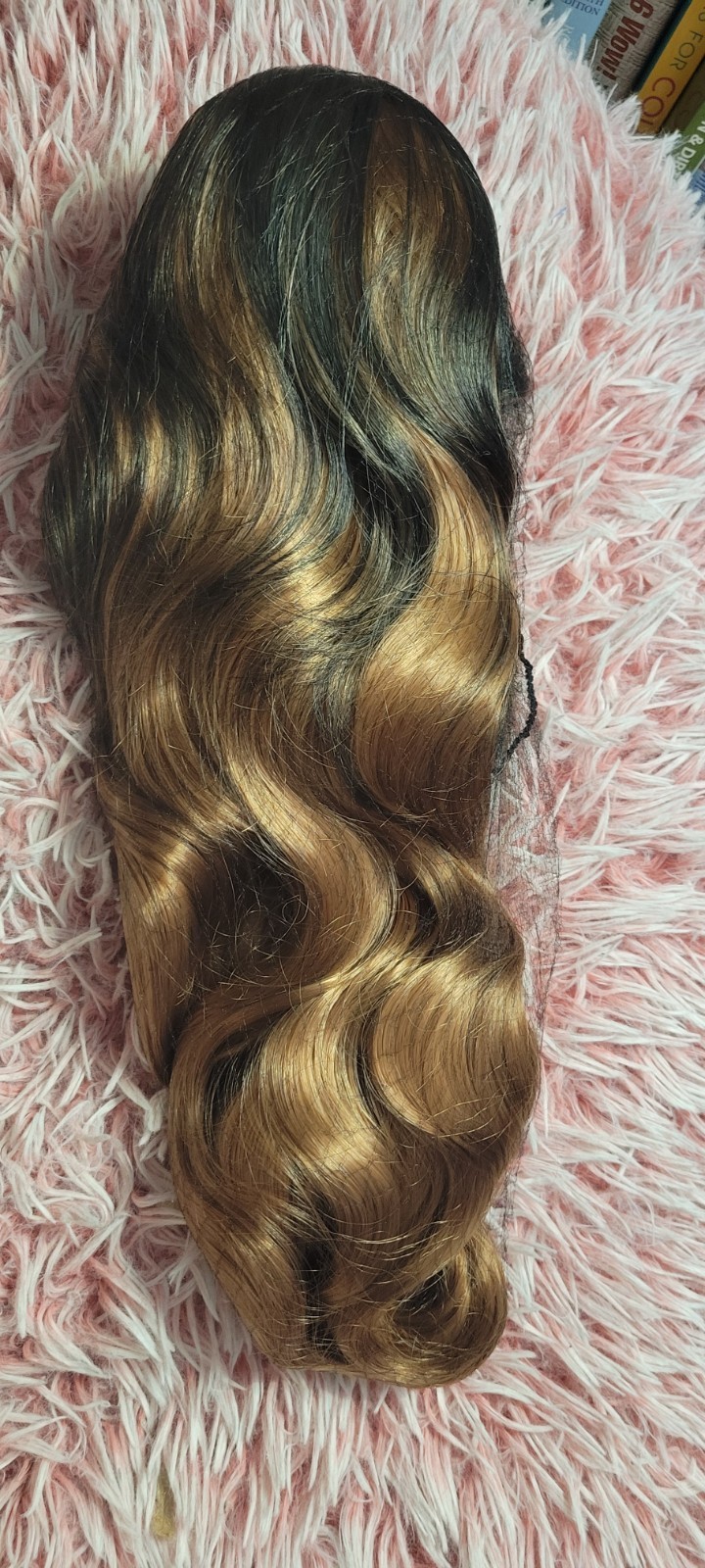 2 Dark Brown Root to Gold Ombre Long Wavy Curly Blonde Wig Women Synthetic Hair