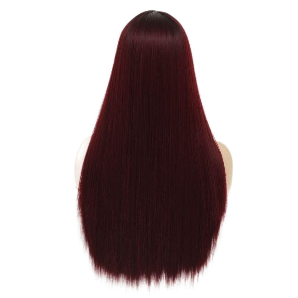 Red Long Straight Wigs for Women Dark Roots Burgundy Wig Halloween Daily Synt…