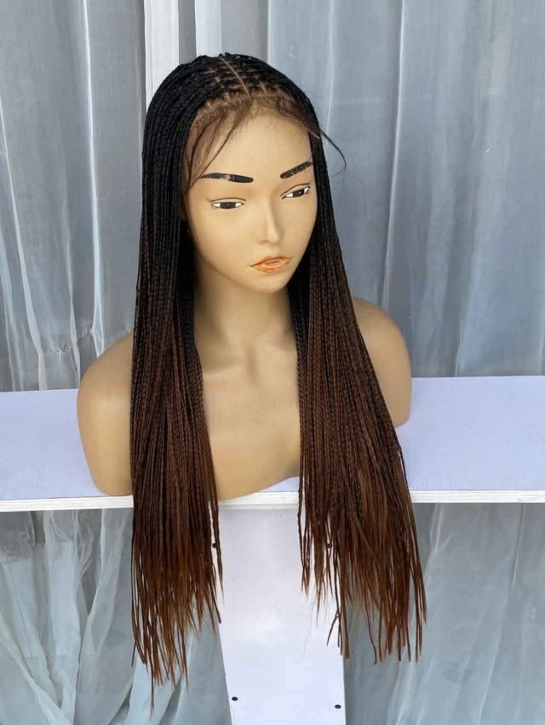 Braided Lace Front Wig Black Brown Straight Middle-Part Long – hand made