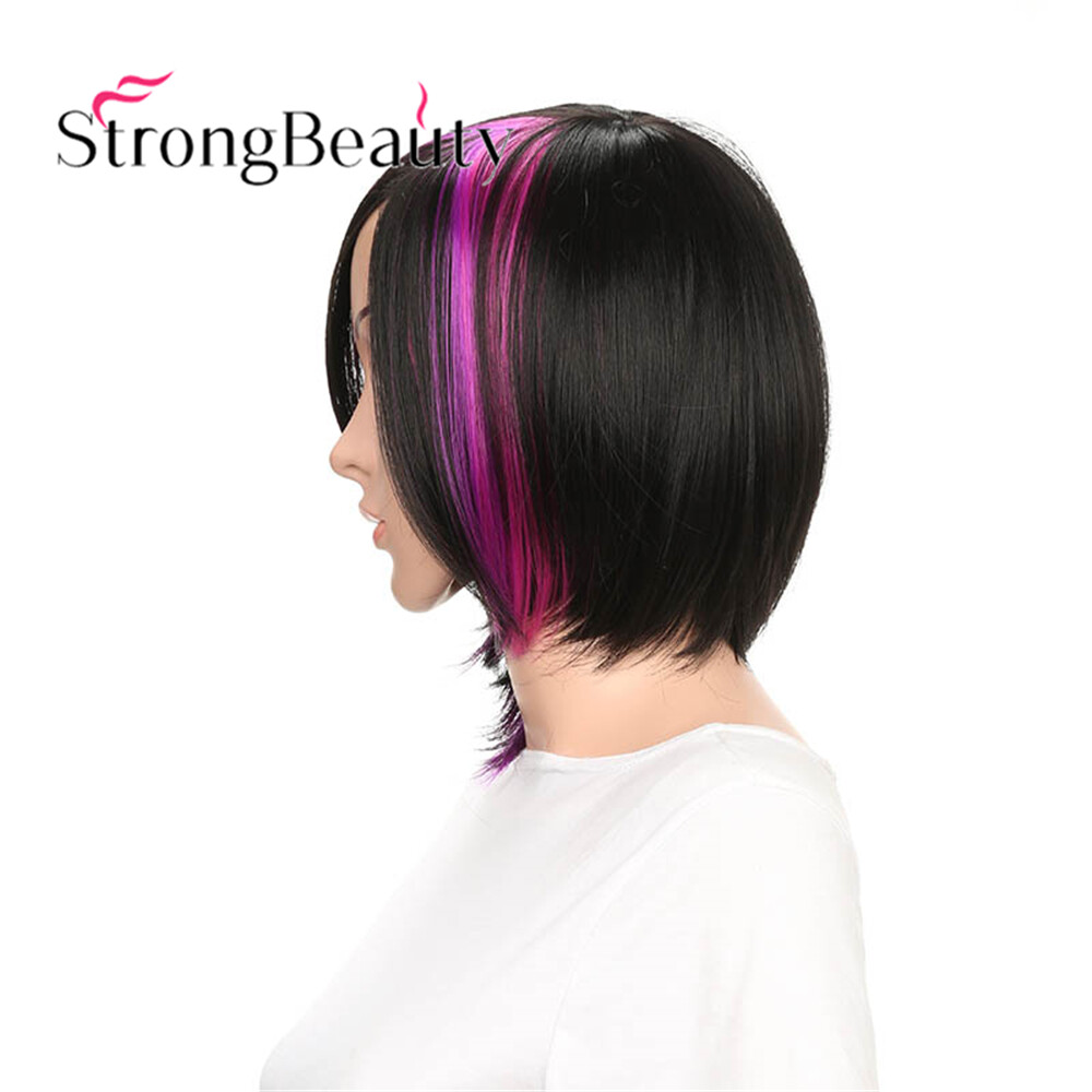 Women’s Short Black Purple Side Bang Straight Highlighted Bob Synthetic Wigs