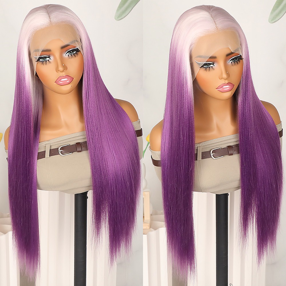 Ice Pink Ombre Purple Long Straight Hair Lace Front Wig 13×4 Pre Plucked Natural