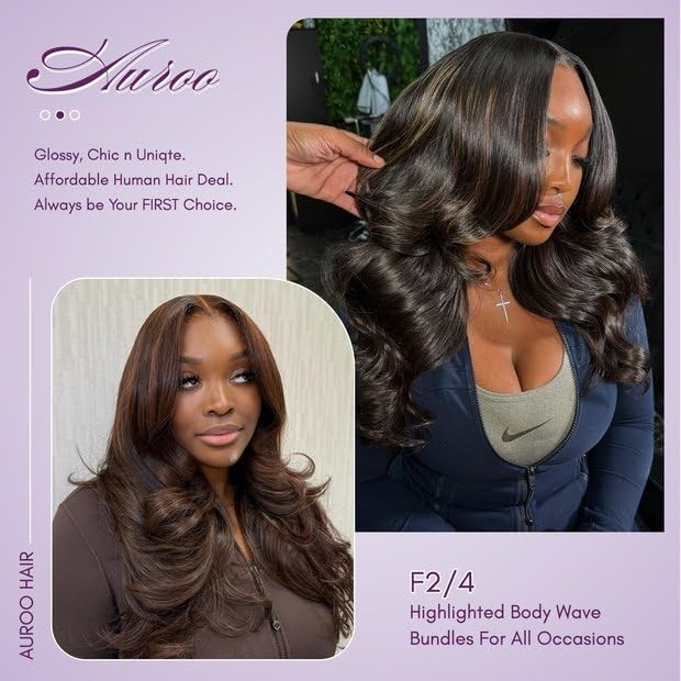 Auroo F2/4 Brown Highlight Body Wave Bundles Human Hair 10 12 14 Inch Soft 100