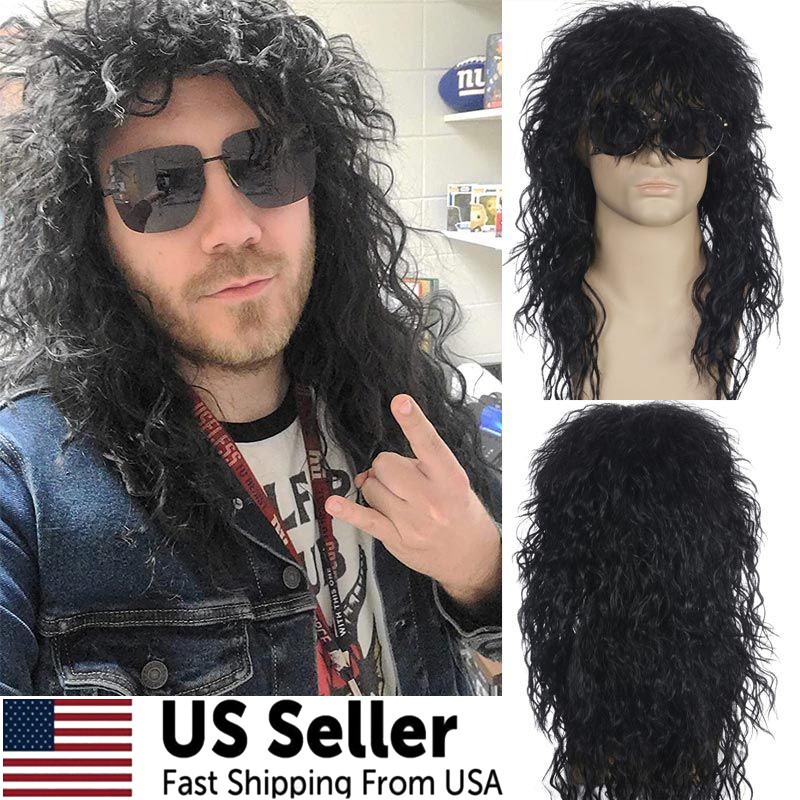 Men’s 80s Black Mullet Wigs Long Curly Black Rocker Metal Mullet Wig Party Gifts