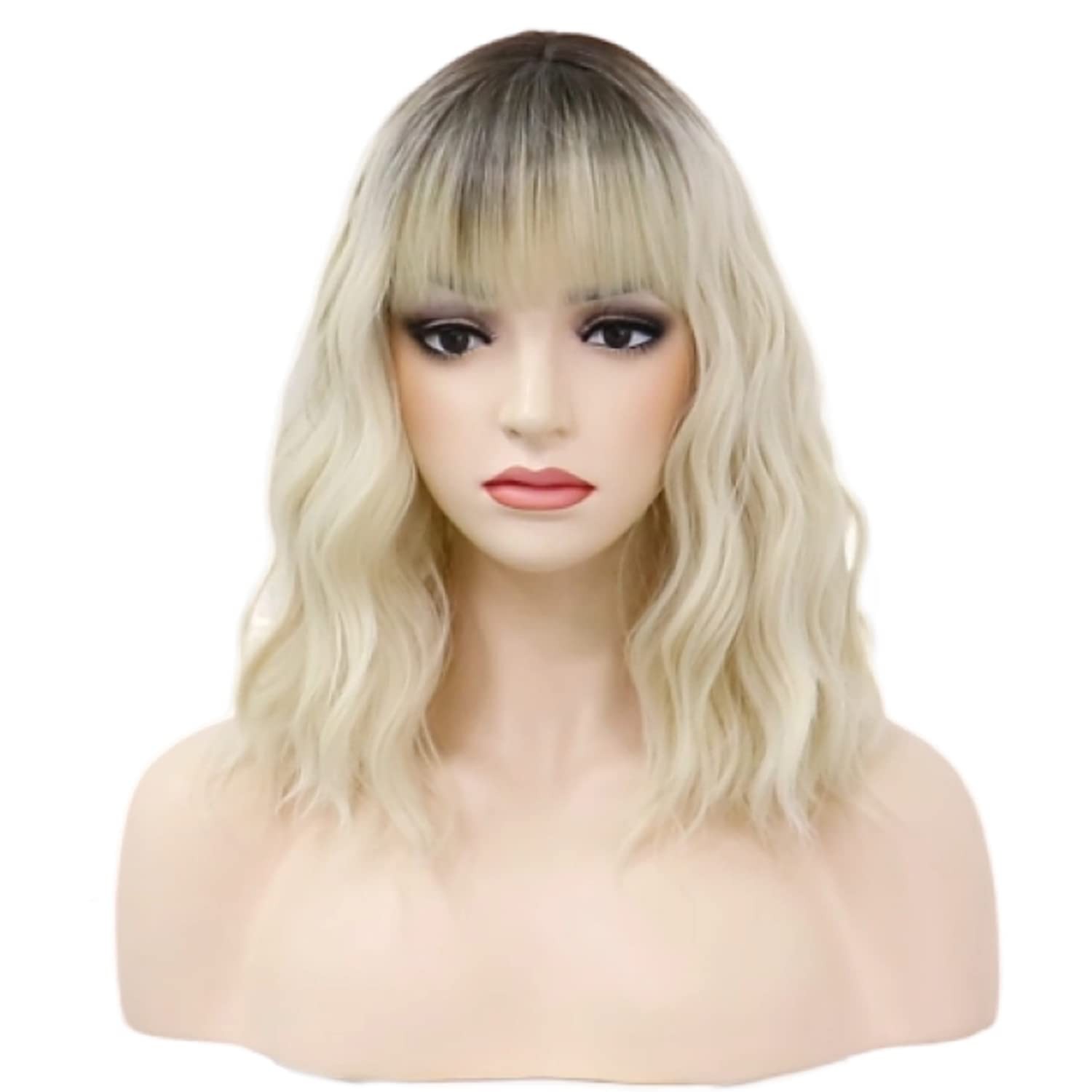 Platinum Blonde Wig Dark Roots 14 Inches Short Wavy Curly Wigs with Bangs Sho…
