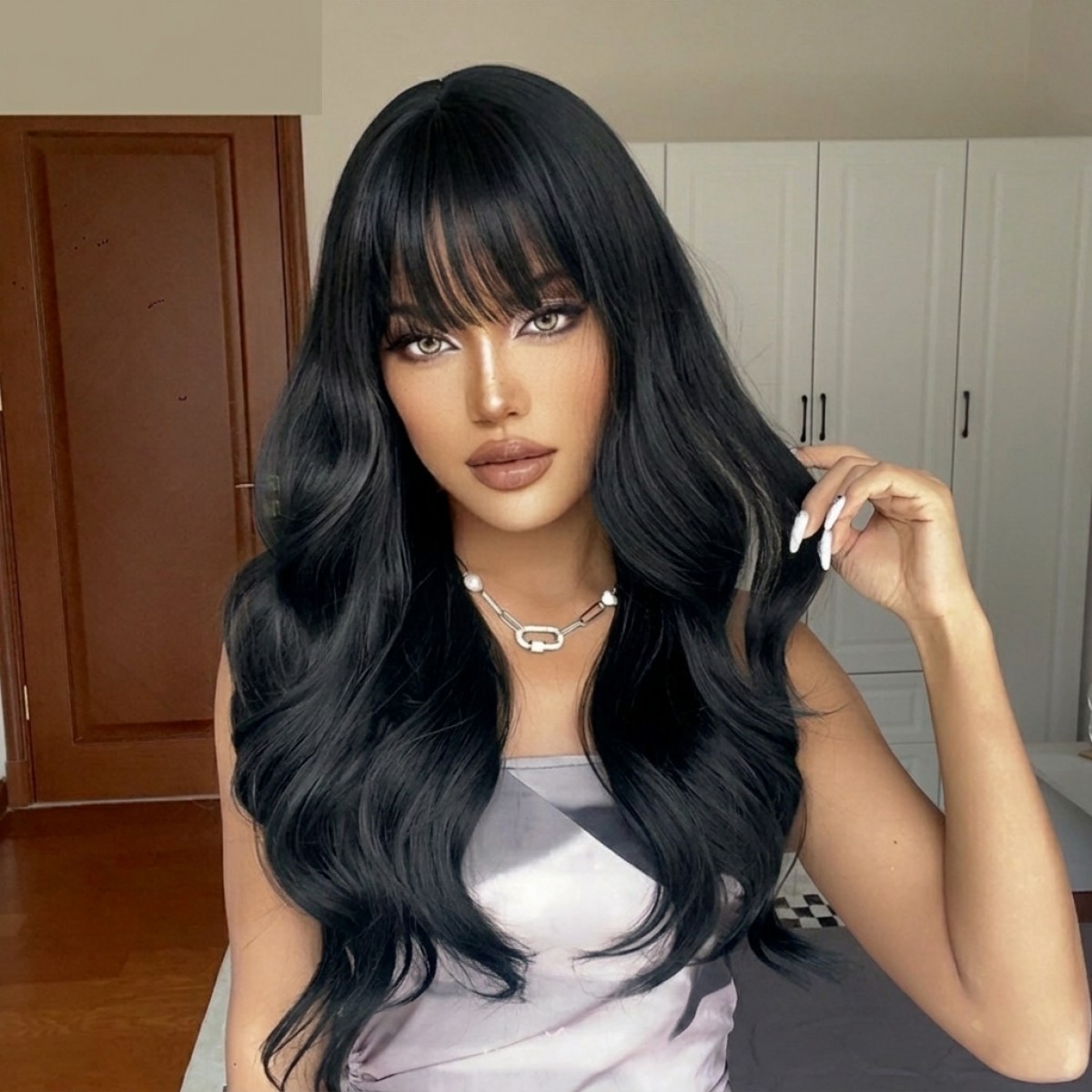 Heat Resistant Synthetic Hair Women Dress Up Wig With Fringe Long Wavy Black