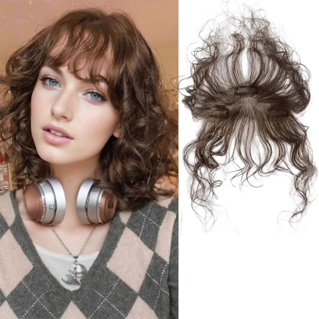 AYunhe Curly Human Hair Topper with Bangs 2″x4.7″ Front Hairline Concealer 10 In