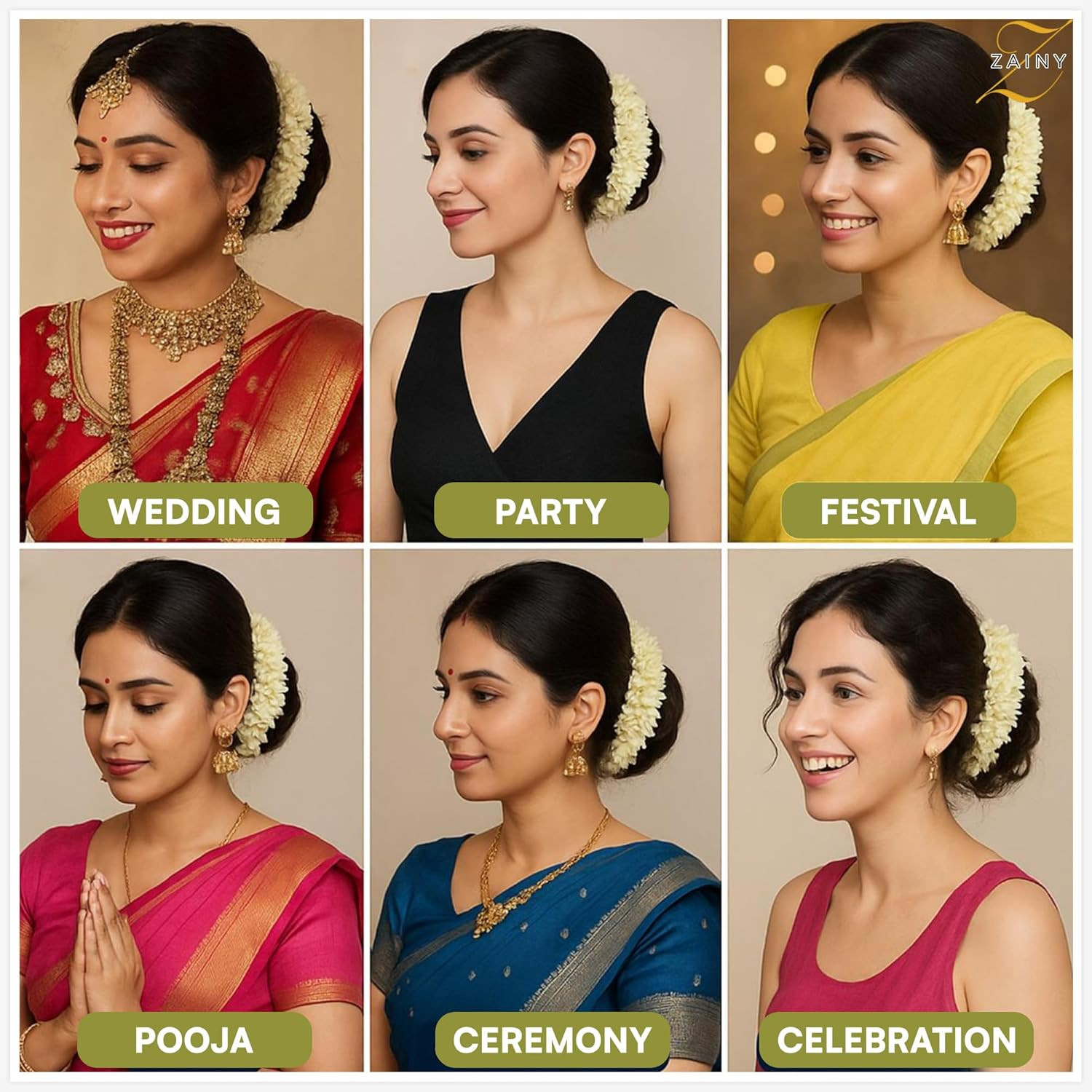 6 Pack Mogra Gajra for Hair Indian Bun, Artificial Fabric Jasmine Flowers Hai…