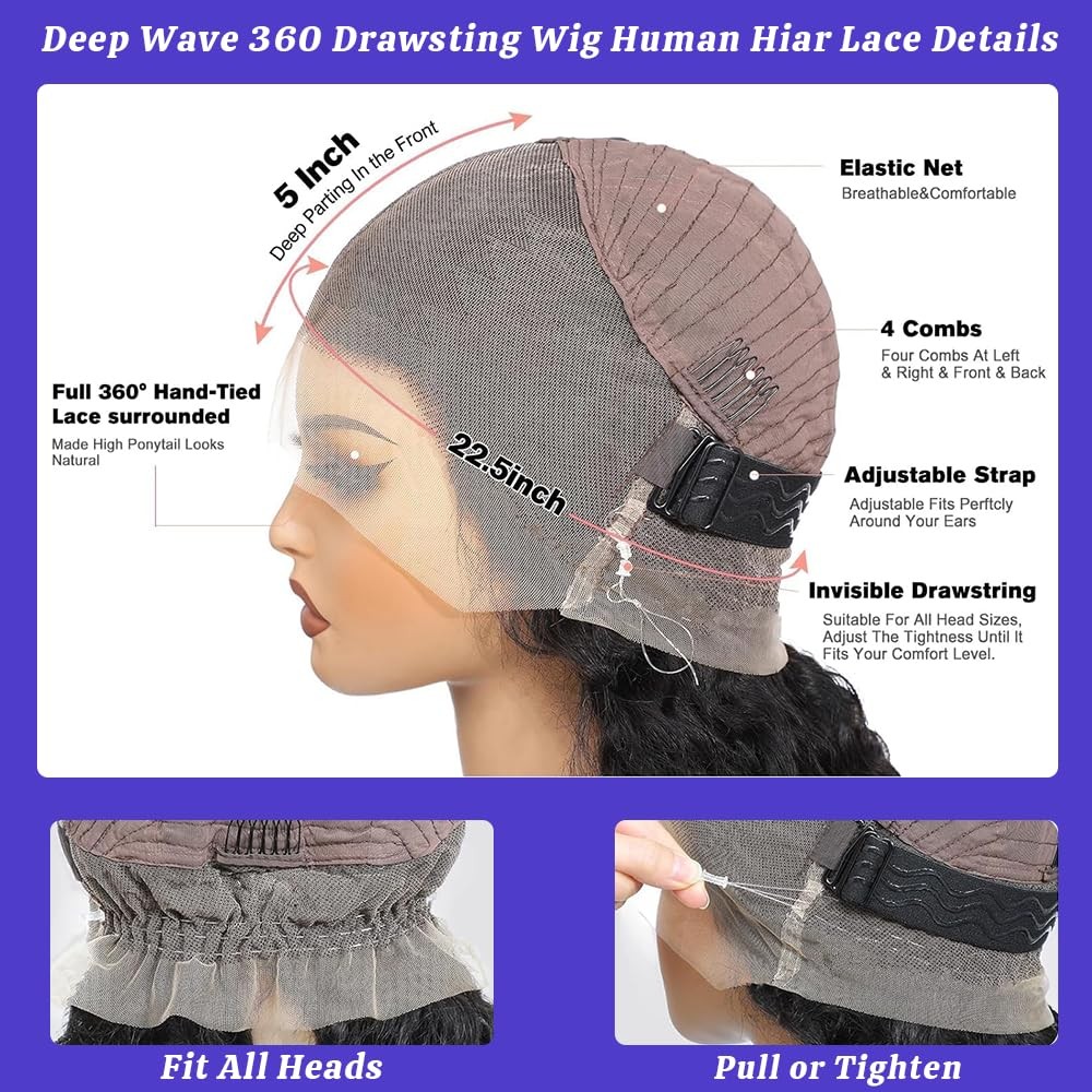 RJAOB Deep Wave 360 Lace Front Wig Human Hair 28″ Invisi Strap HD Full Lace