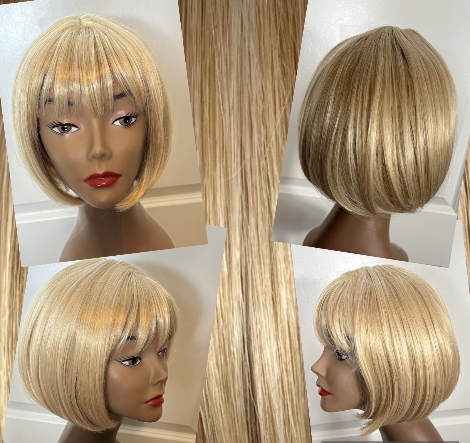 NEW Synthetic Wig Golden Blonde Chin Length Bob Bangs Skin Part Size Average 1-3