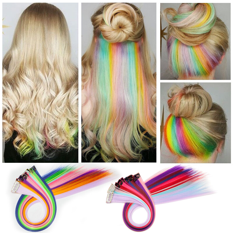 10PCS 20″ Multi Pink Colour Clip In Highlight Streaks Hair Extensions as Human