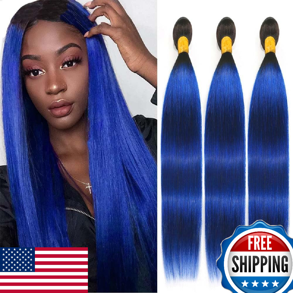 Luxvogue 14 16 18 Inch T1B Blue Brazilian Virgin Straight Human Hair 3 Bundles