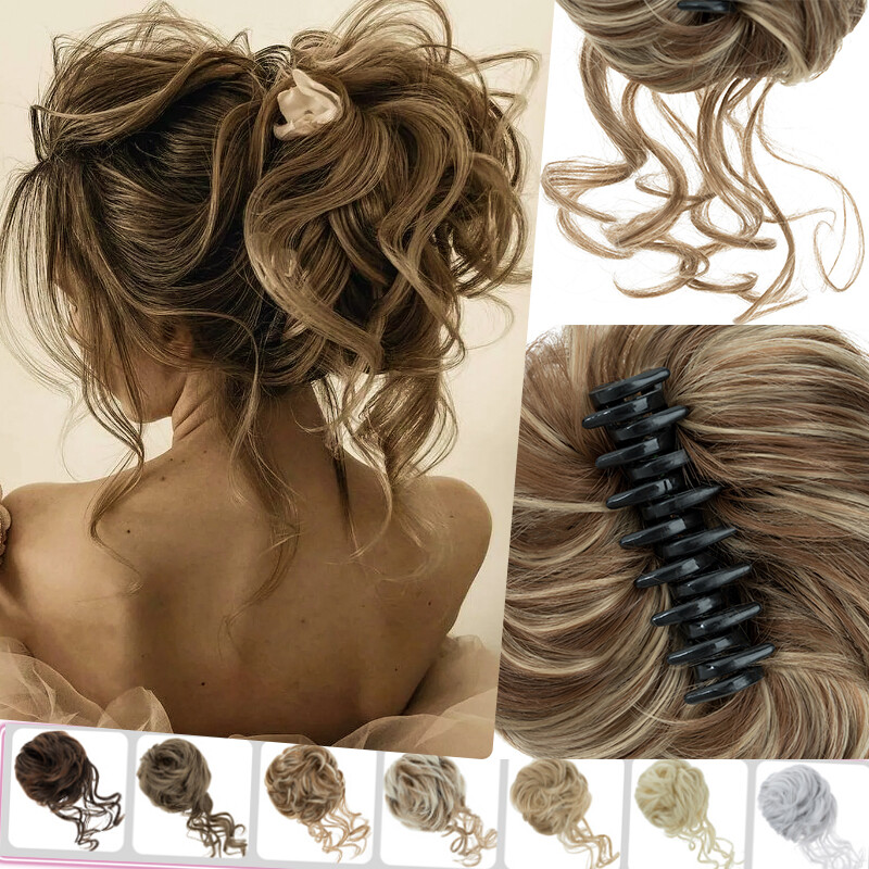 Extra Thick Jaw Claw Clip in Messy Bun Hair Piece Extension Curly Scrunchie Updo