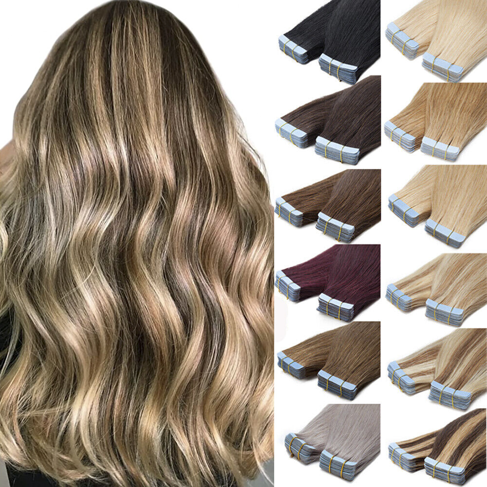 Tape in Russian Human Hair Extensions Invisible Skin Weft RemyHair Fashion Color