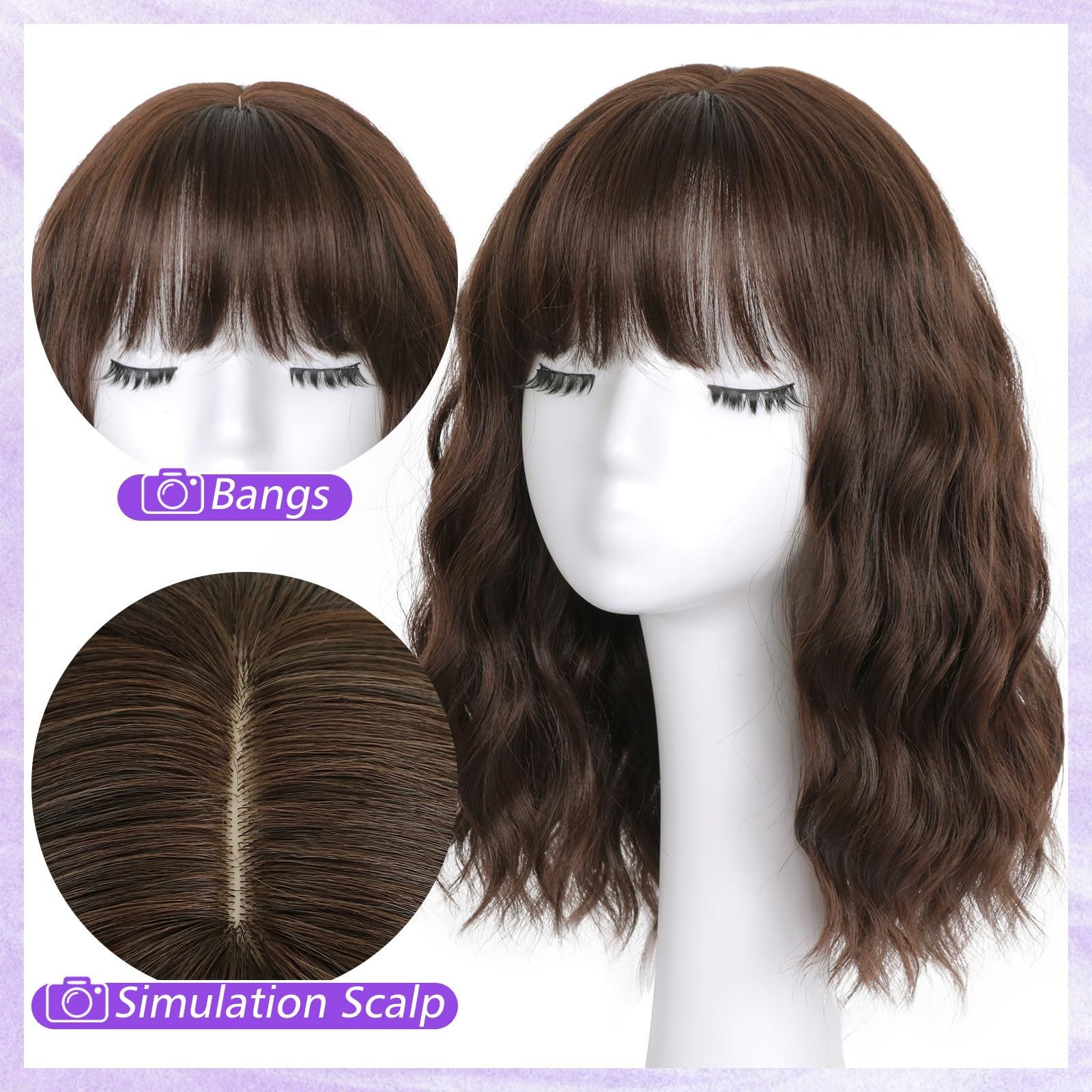 Water Wave Short Curly Wig with Bangs Heat Resistant Synthetic Full Wig for