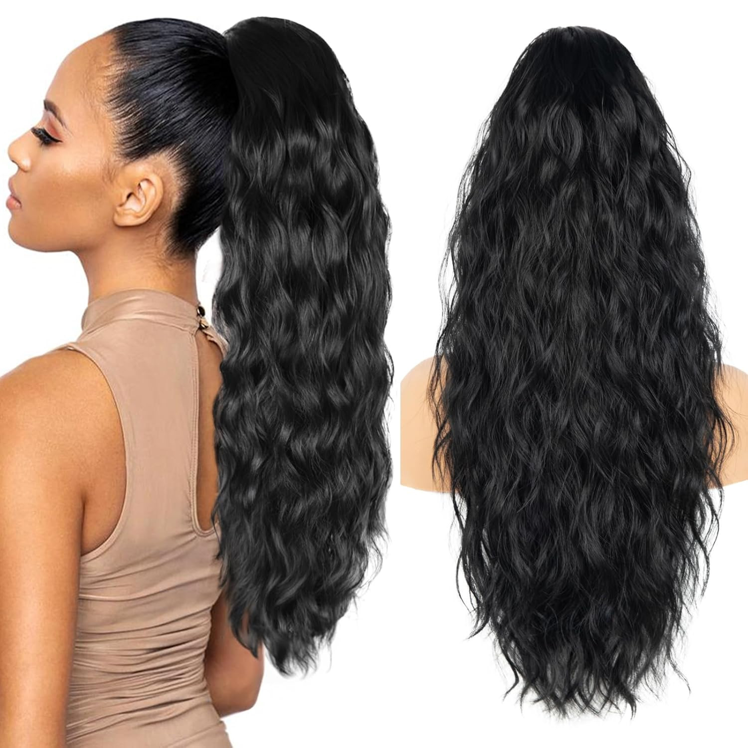 26 inch Black Ponytail Extension, Drawstring Ponytail for Women, Long Wavy Pony