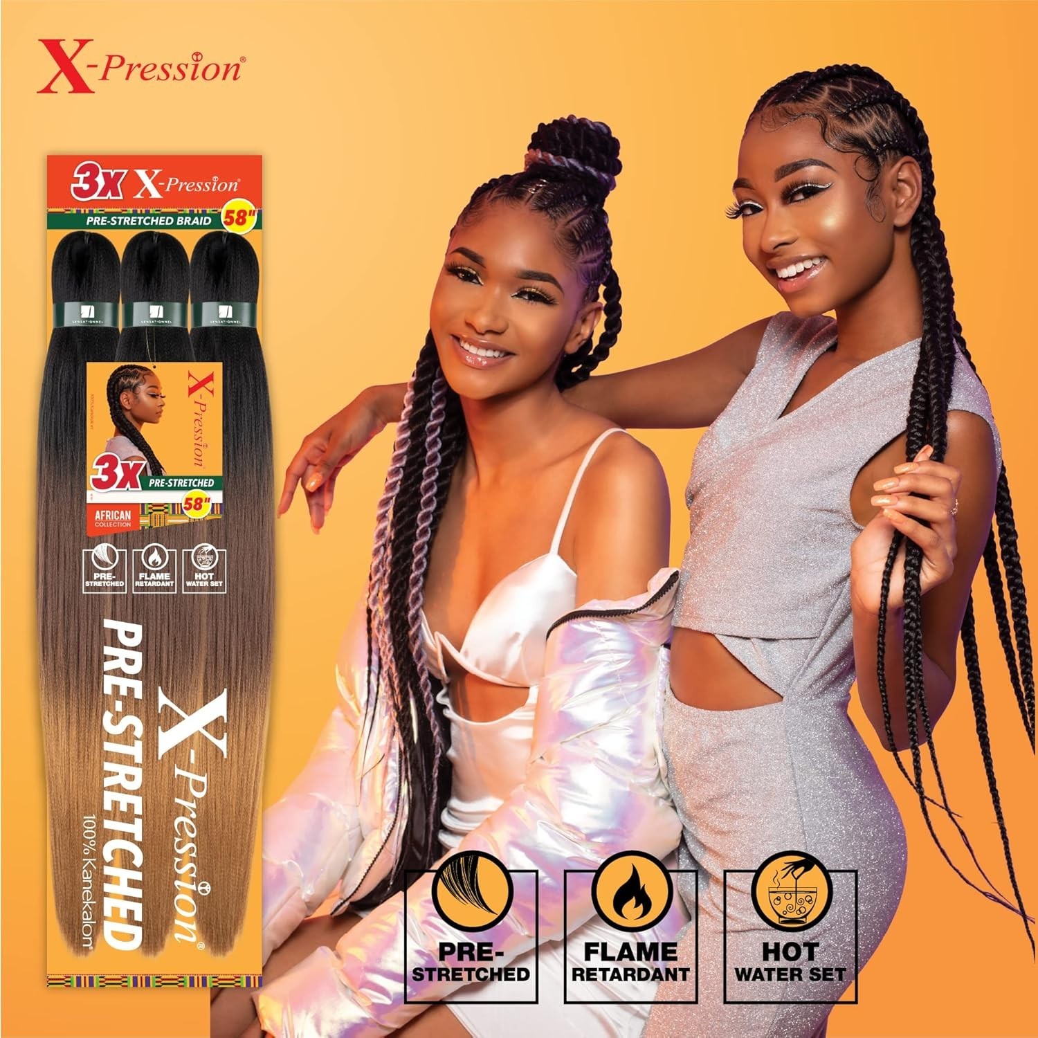 X-pression 58-Inch Flame Retardant Synthetic Braiding Hair for Stylish Twists 1B