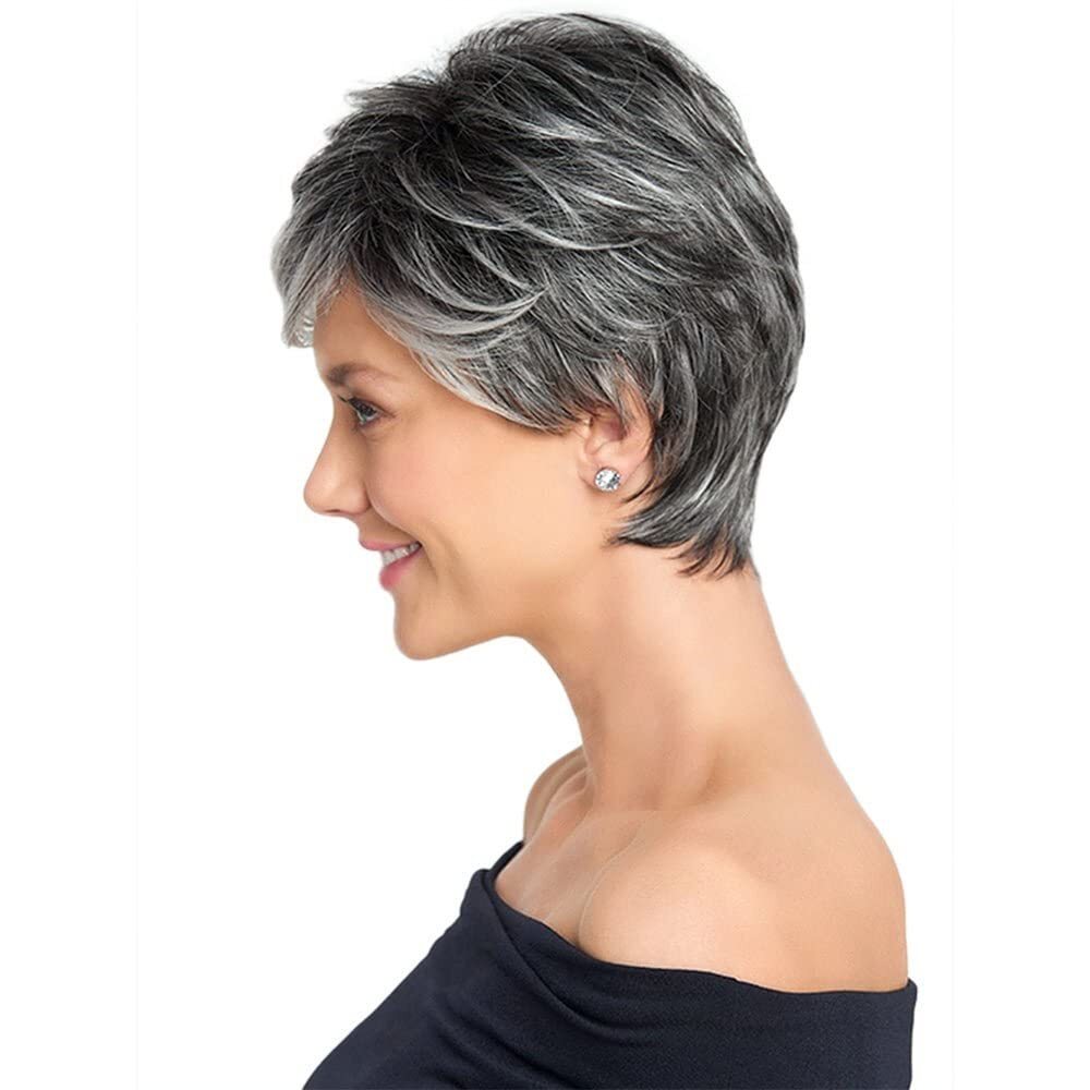 Women Short Grey Wig Layered Synthetic Heat Resistant Pixie Hair Wig Daily Use