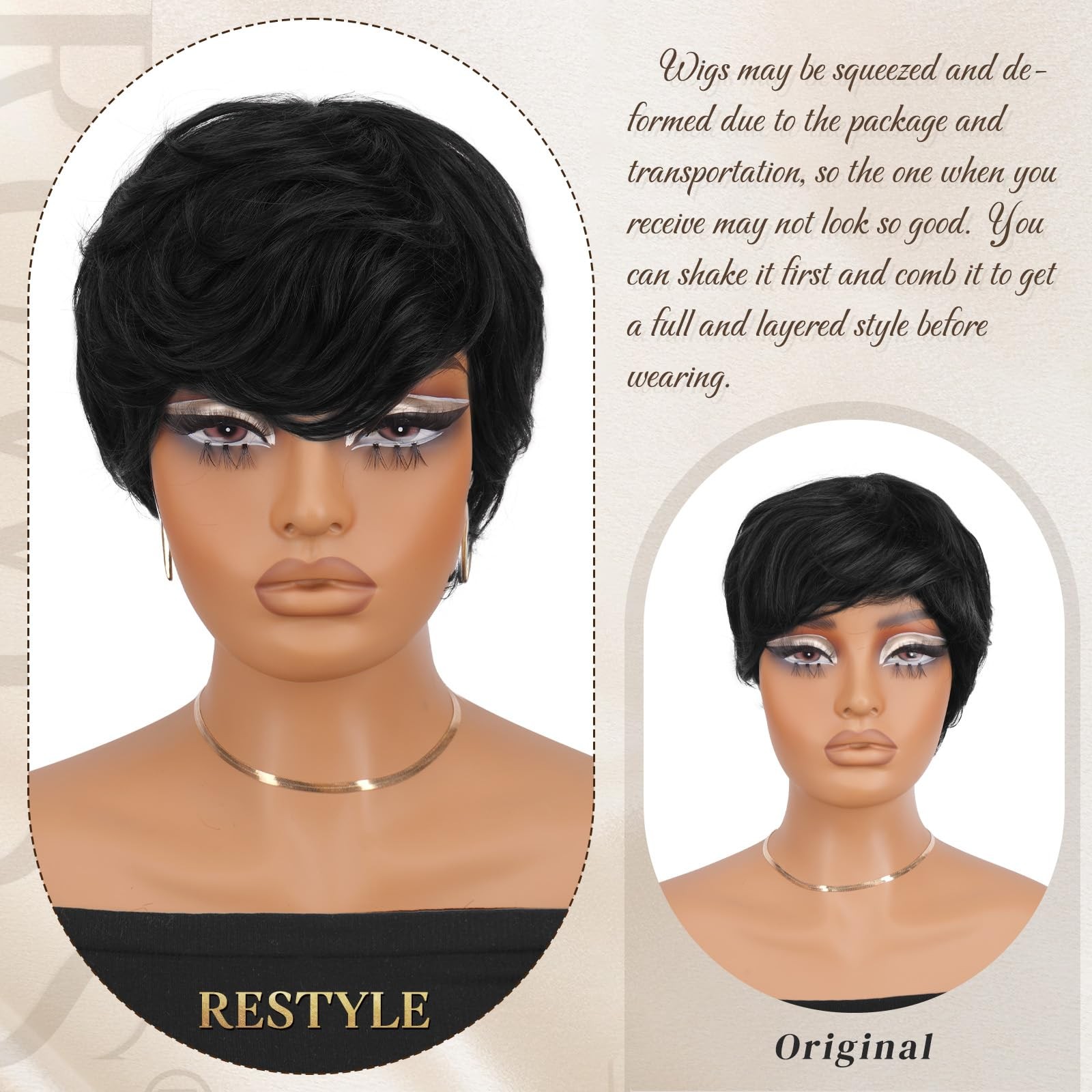Ruwiss Pixie Cut Wig Human Wigs For Black Women Bangs Natural Layered Wavy Wig