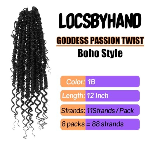 Boho Crochet Passion Twist Hair Pre looped, 12 Inch (Pack of 8) Natural Black