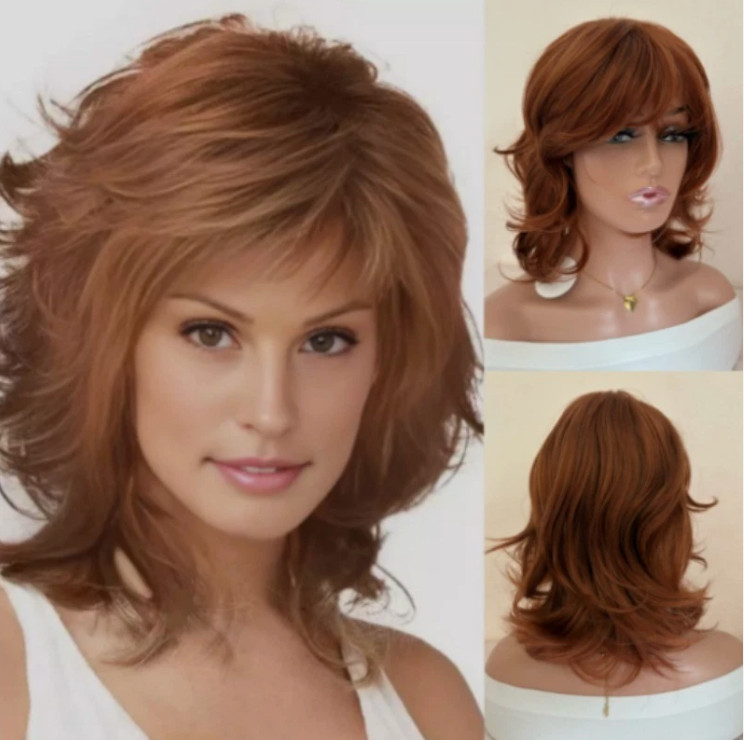 Mid Length Shag Capless Wavy Layered Synthetic Hair Wigs Women Natural Auburn