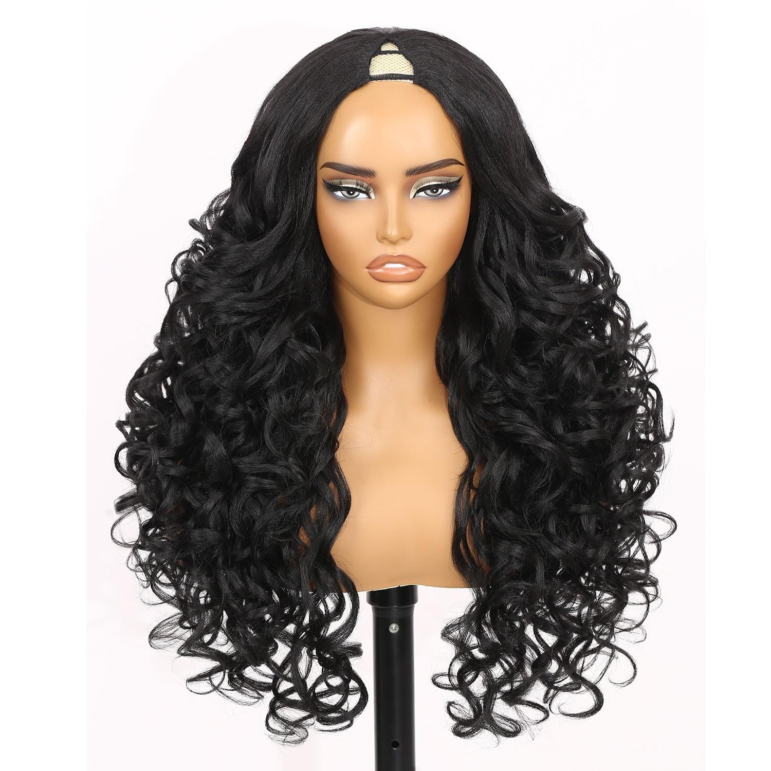 Synthetic V Part Wig Long Curly Black Yaki Half Wigs 26 Inch Curly Natural Black