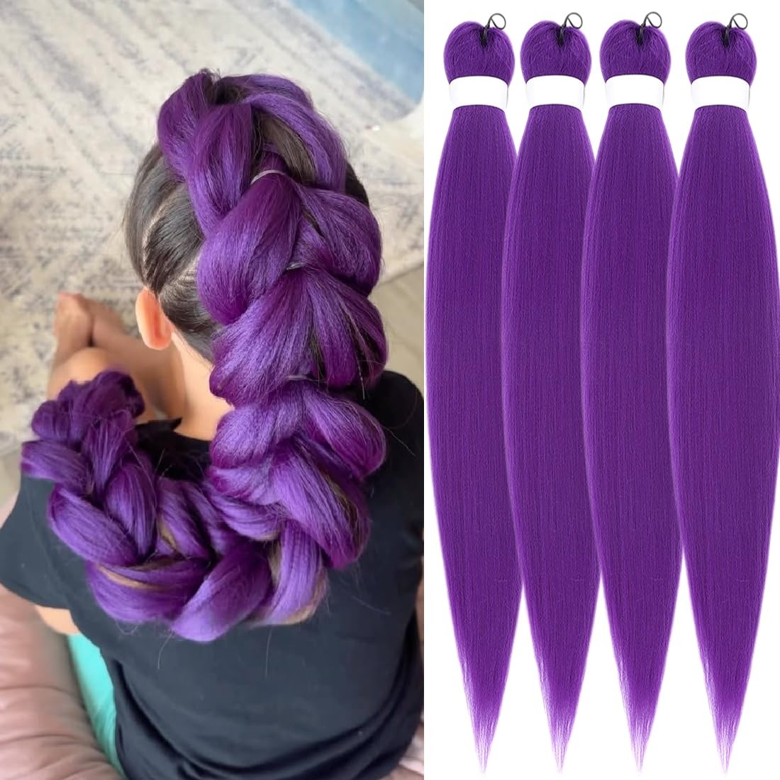 Dark Purple Braiding Hair Pre-stretched Yaik Straight 4 Packs/Lot Long Purple…
