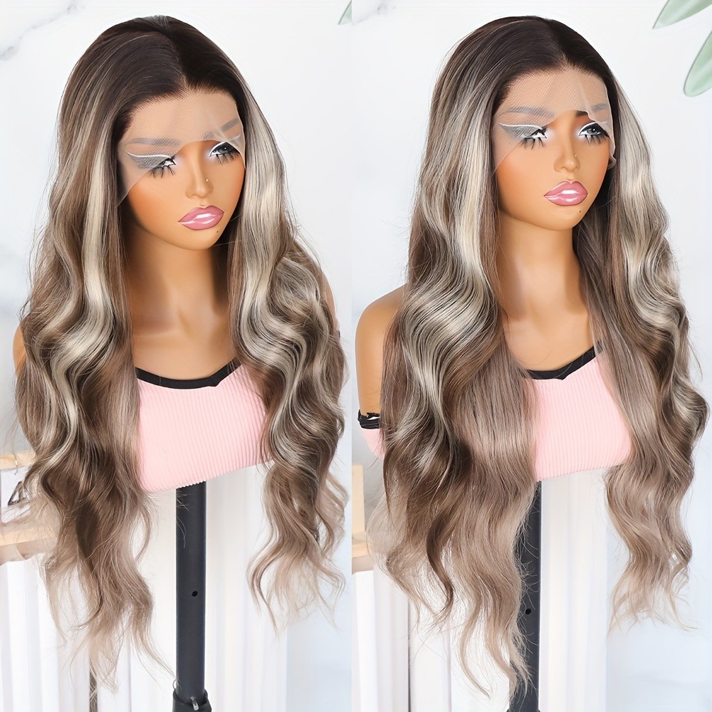 Natural Brown Blonde Mixed Color Lace Front Wigs Long Body Wave Hair Women Party