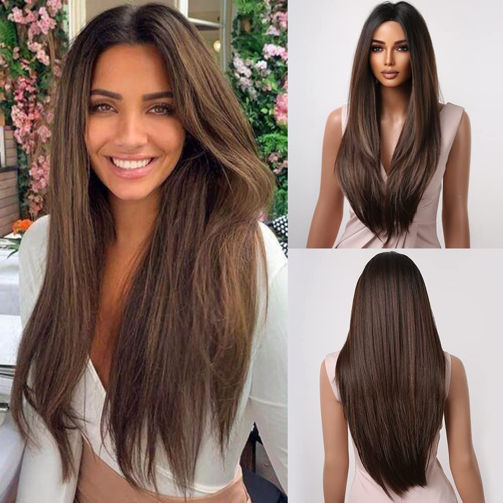 Brown Wig for Black Women Long Straight Layered Wigs Natural Honey Brown Hair…