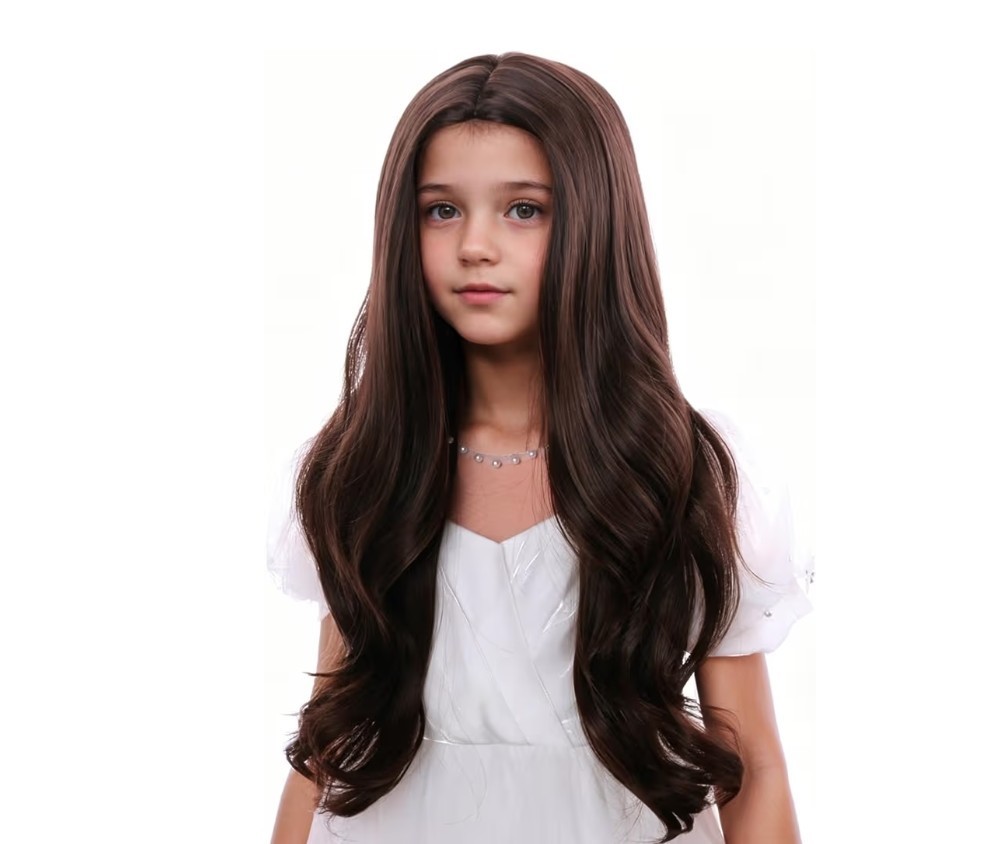 Child’s/Girls Long Dark Brown Wavy Wig Heat Resistant Synthetic