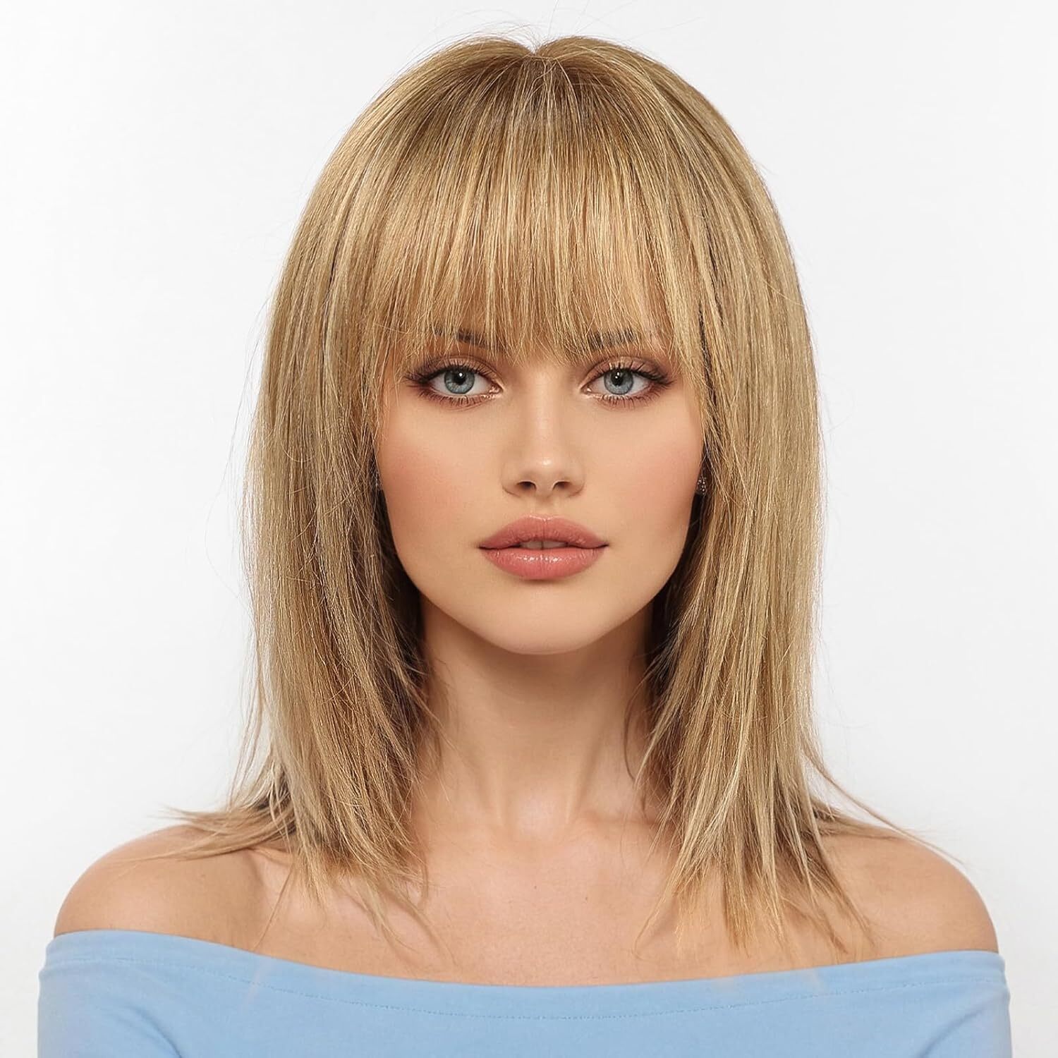 Light Brown Human Hair Wig for Women Remy Hair Wig with Bangs