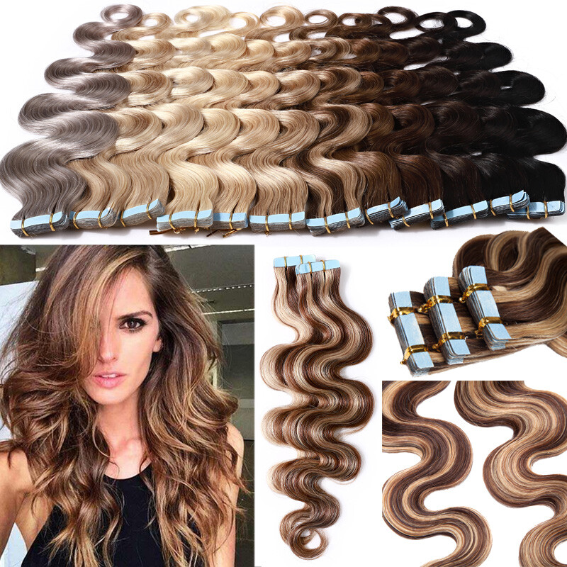 150g Thick Tape In Real Human Hair Extensions Skin Weft Body Wave Curl Highlight
