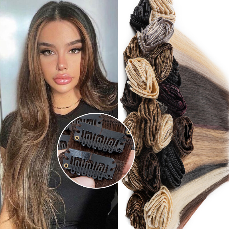 Clip In Extensions Clip On 100% Real Human Hair Extensions Full Head Balayage US