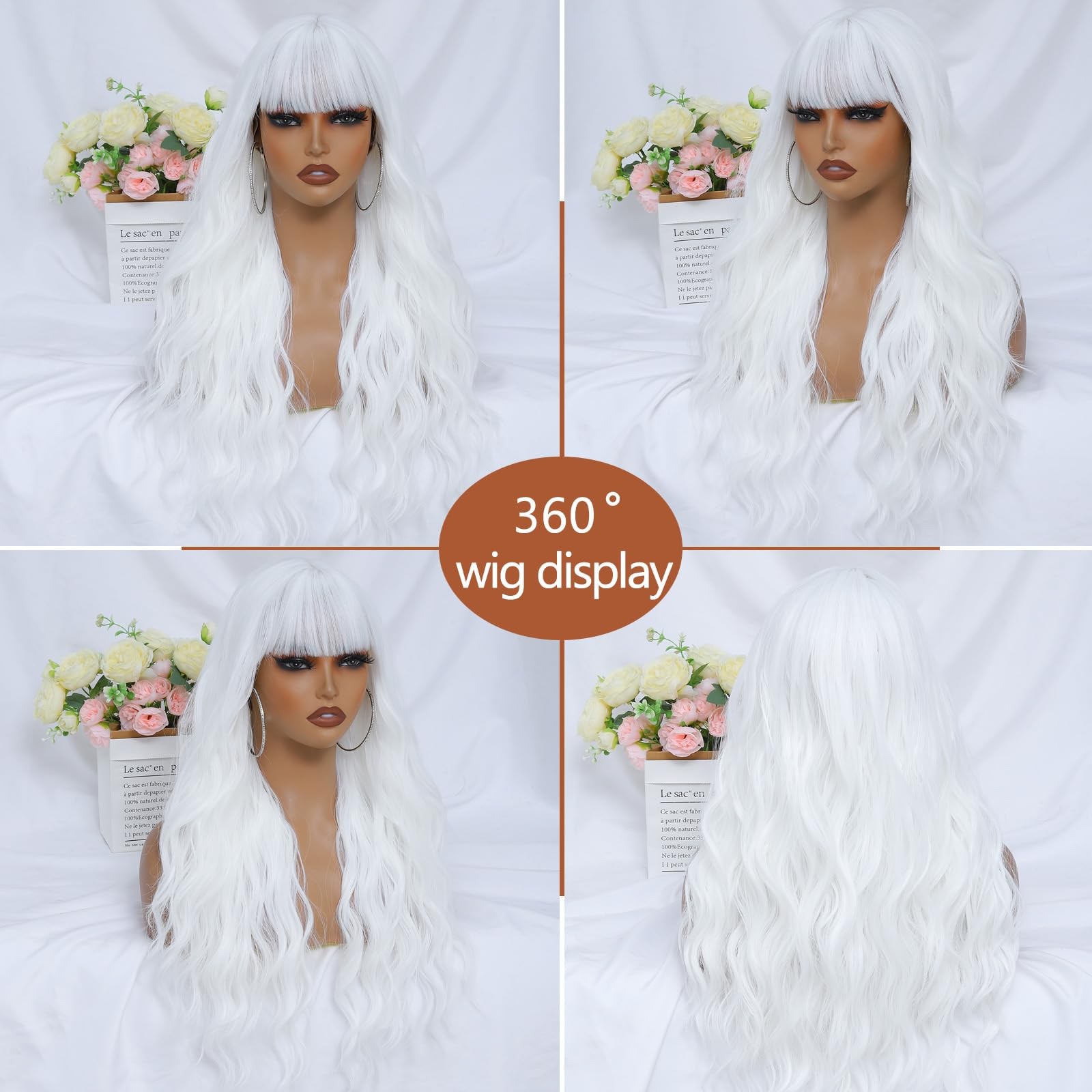 White Wig with Bangs for Women 26 Inch Long Wavy White Wigs Synthetic Heat Re…
