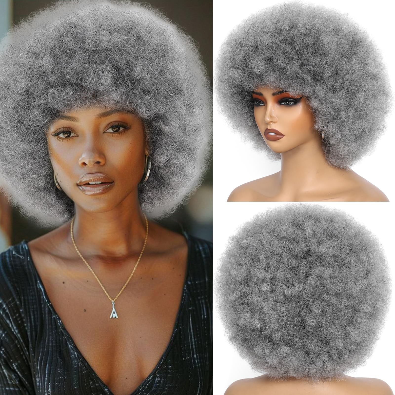 Gray Afro Wigs for Black Women 70s Black Grey Afro Wig for Men and Women Unis…