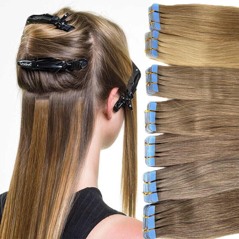 Tape in Human Hair Extensions Invisible Skin Wefts 100%Russian Remy Hair Fashion
