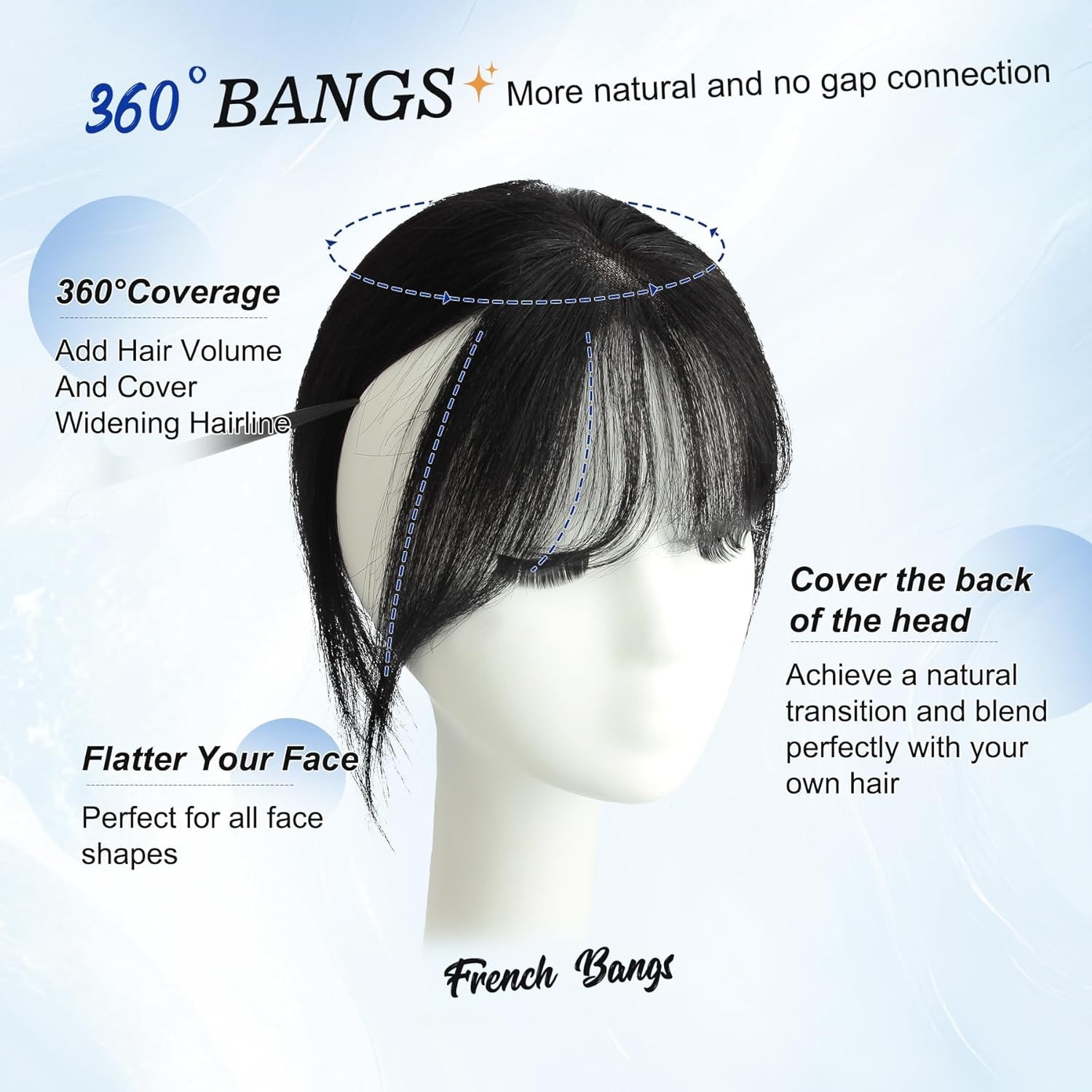 Clip in Bangs Human Hair Topper for Woman Hand-Tied French Lace Jet Black 10in