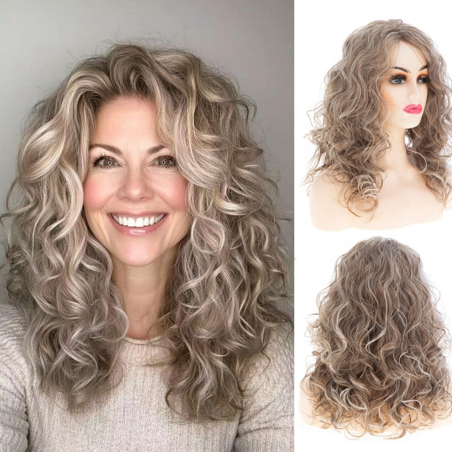 Wiwige Long Curly Blonde Wig for Women Mixed Brown Bouffant Wavy Hair Natural Lo