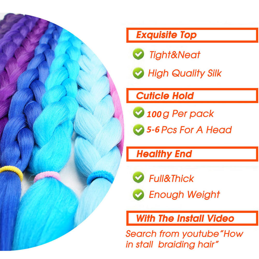 24″ Kanekalon Jumbo Braiding Hair Extensions Plaited Box Braids Ombre Rainbow US