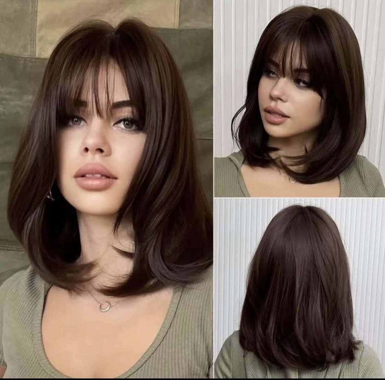 Dark Brown Layered Bob Wig, Straight Texture with Bangs