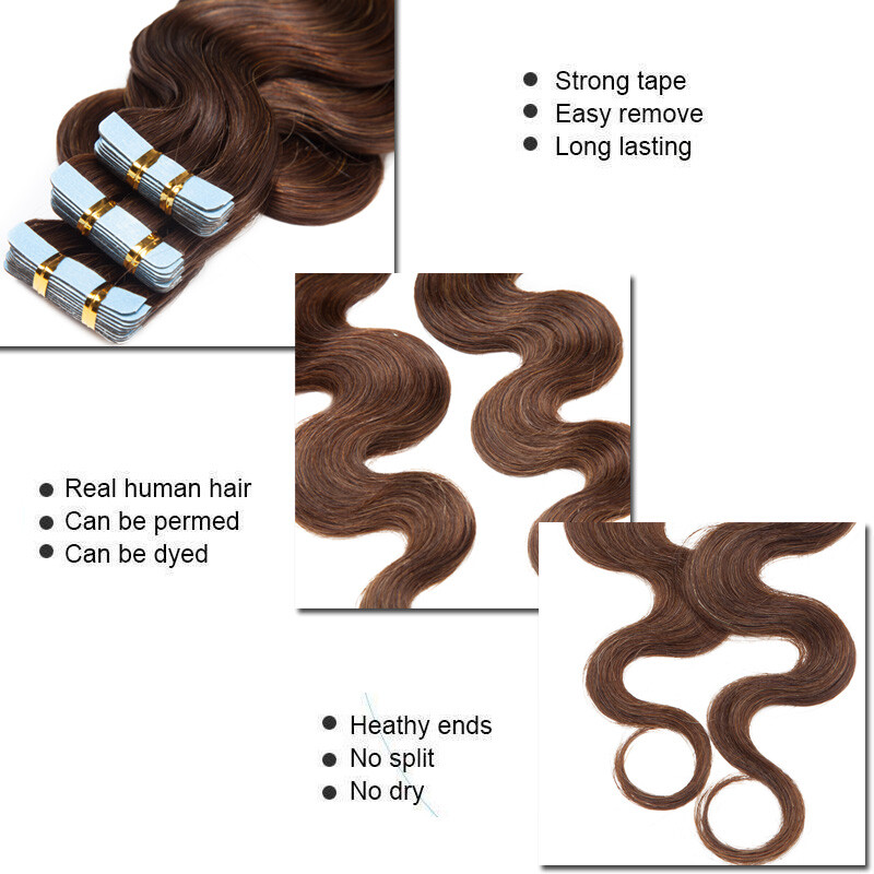 20/40/60pcs Thick Tape In Human Hair Extensions Skin Weft Body Wave Curly #Brown